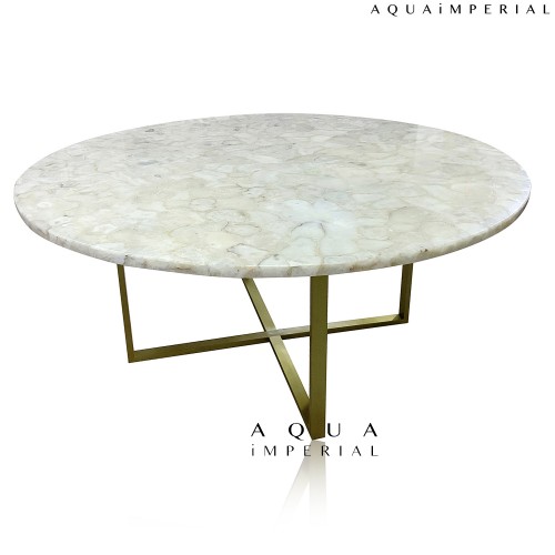 WHITE AGATE ROUND DINING TABLE WITH BRASS BASE 
